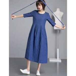 Ylistyle Oversized Linen Blend 3/4 Sleeve Midi Dress S/M Blue